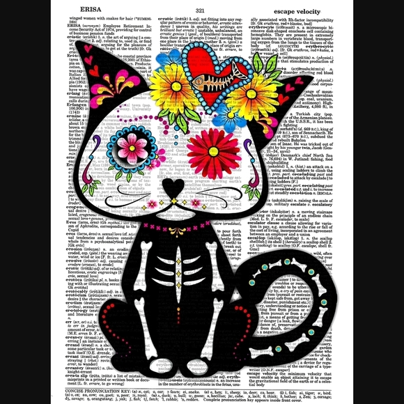 Sugar Skull Kitty Vintage Dictionary Art Print - Picture 1 of 4